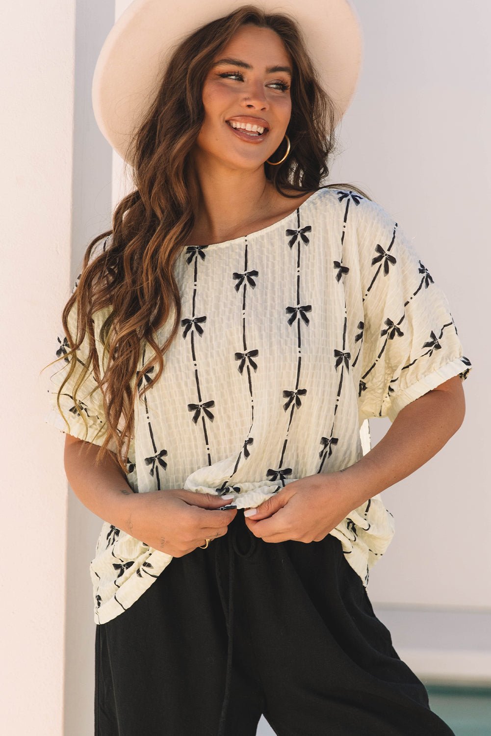 Beige Bow Print Puff Short Sleeve Top - Chaelisa's New Jammies
