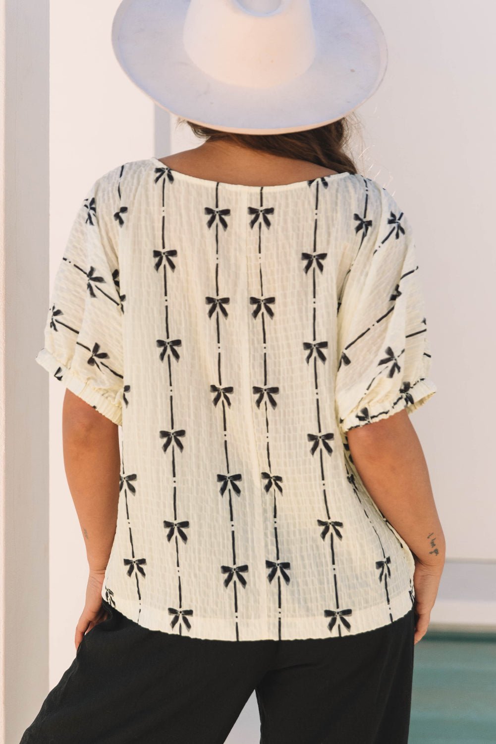 Beige Bow Print Puff Short Sleeve Top - Chaelisa's New Jammies