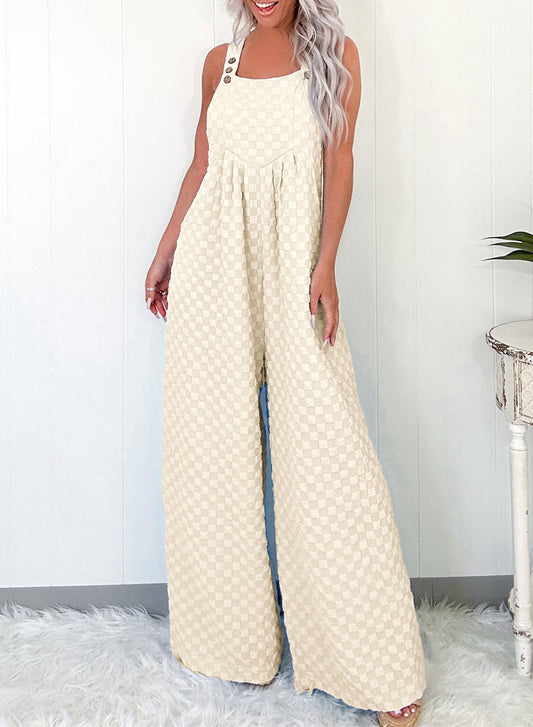 Beige Checkered Pocketed High Waist Wide Leg Overall - Chaelisa's New Jammies