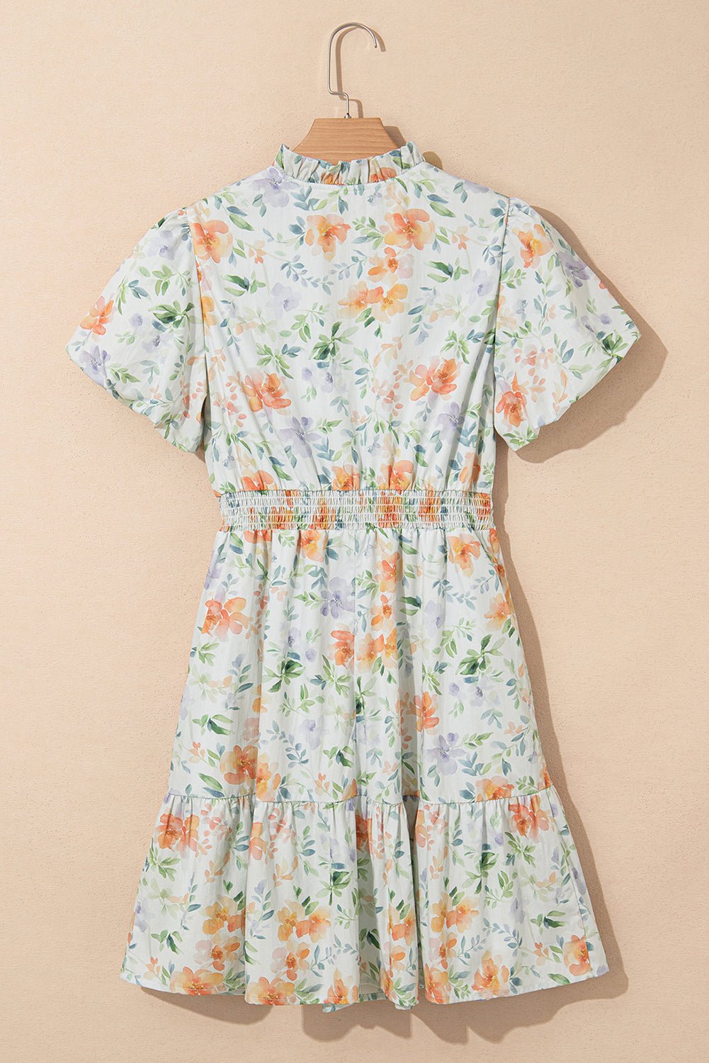 Beige Floral Print Shirred High Waist Puff Sleeve Mini Dress - Chaelisa's New Jammies