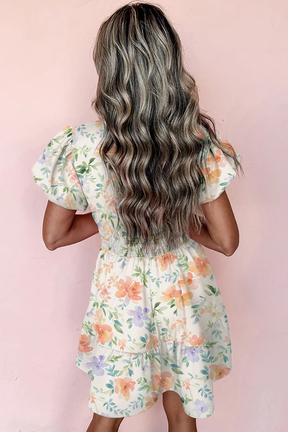 Beige Floral Print Shirred High Waist Puff Sleeve Mini Dress - Chaelisa's New Jammies