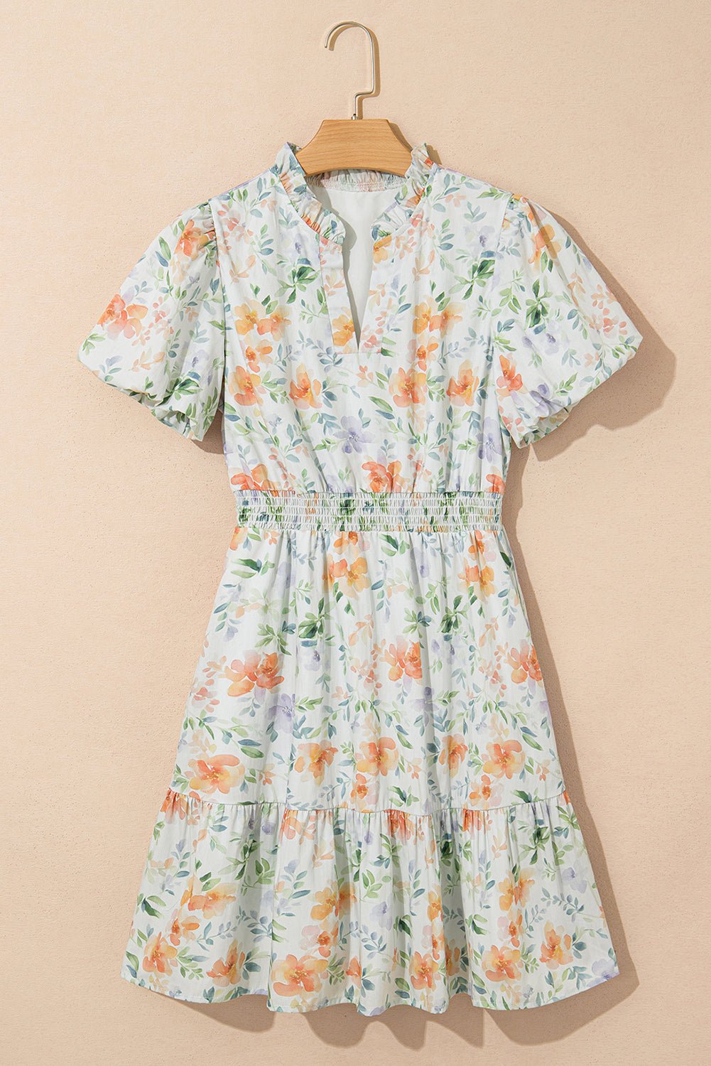 Beige Floral Print Shirred High Waist Puff Sleeve Mini Dress - Chaelisa's New Jammies