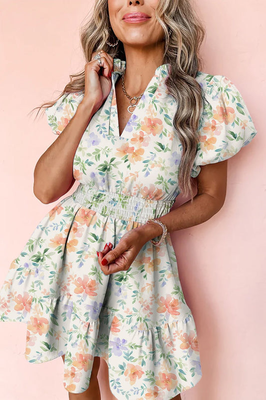 Beige Floral Print Shirred High Waist Puff Sleeve Mini Dress - Chaelisa's New Jammies