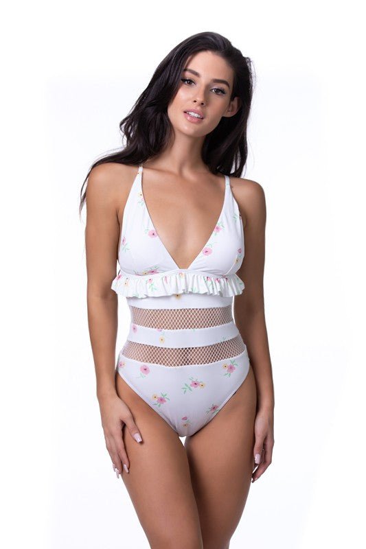 BEIGE FLORAL RUFFLE TRIM MESH ONE PIECE SWIM - Chaelisa's New Jammies