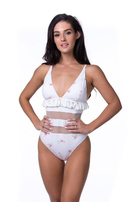 BEIGE FLORAL RUFFLE TRIM MESH ONE PIECE SWIM - Chaelisa's New Jammies