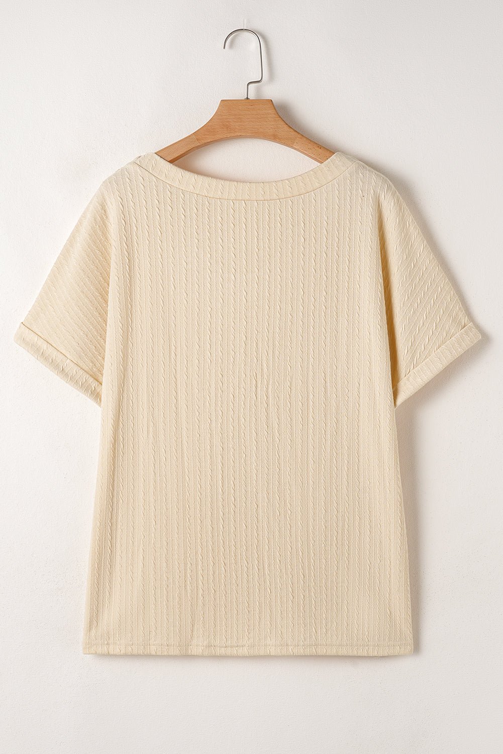 Beige Lace Crochet Patched Cable Textured Cuffed Short Sleeve Plus Size Top - Chaelisa's New Jammies