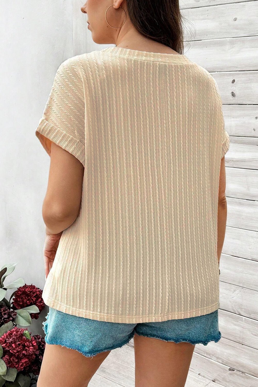 Beige Lace Crochet Patched Cable Textured Cuffed Short Sleeve Plus Size Top - Chaelisa's New Jammies
