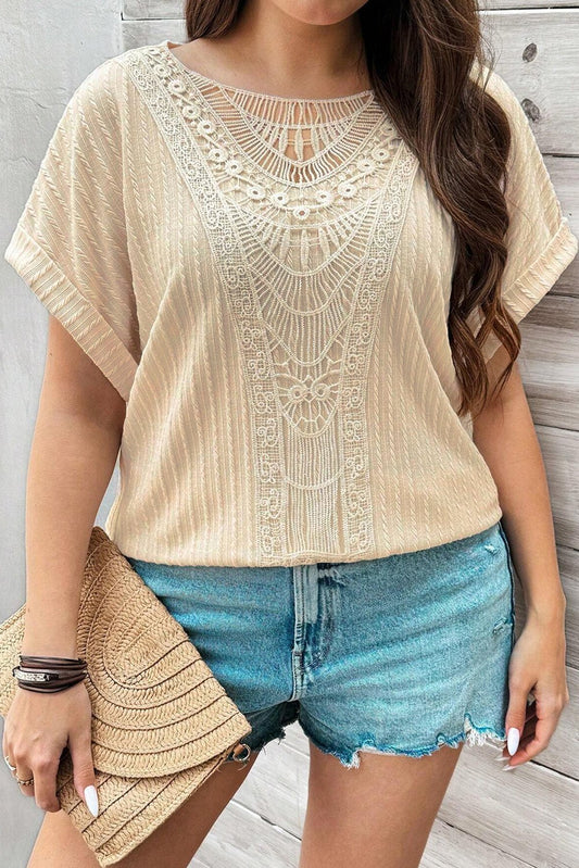 Beige Lace Crochet Patched Cable Textured Cuffed Short Sleeve Plus Size Top - Chaelisa's New Jammies