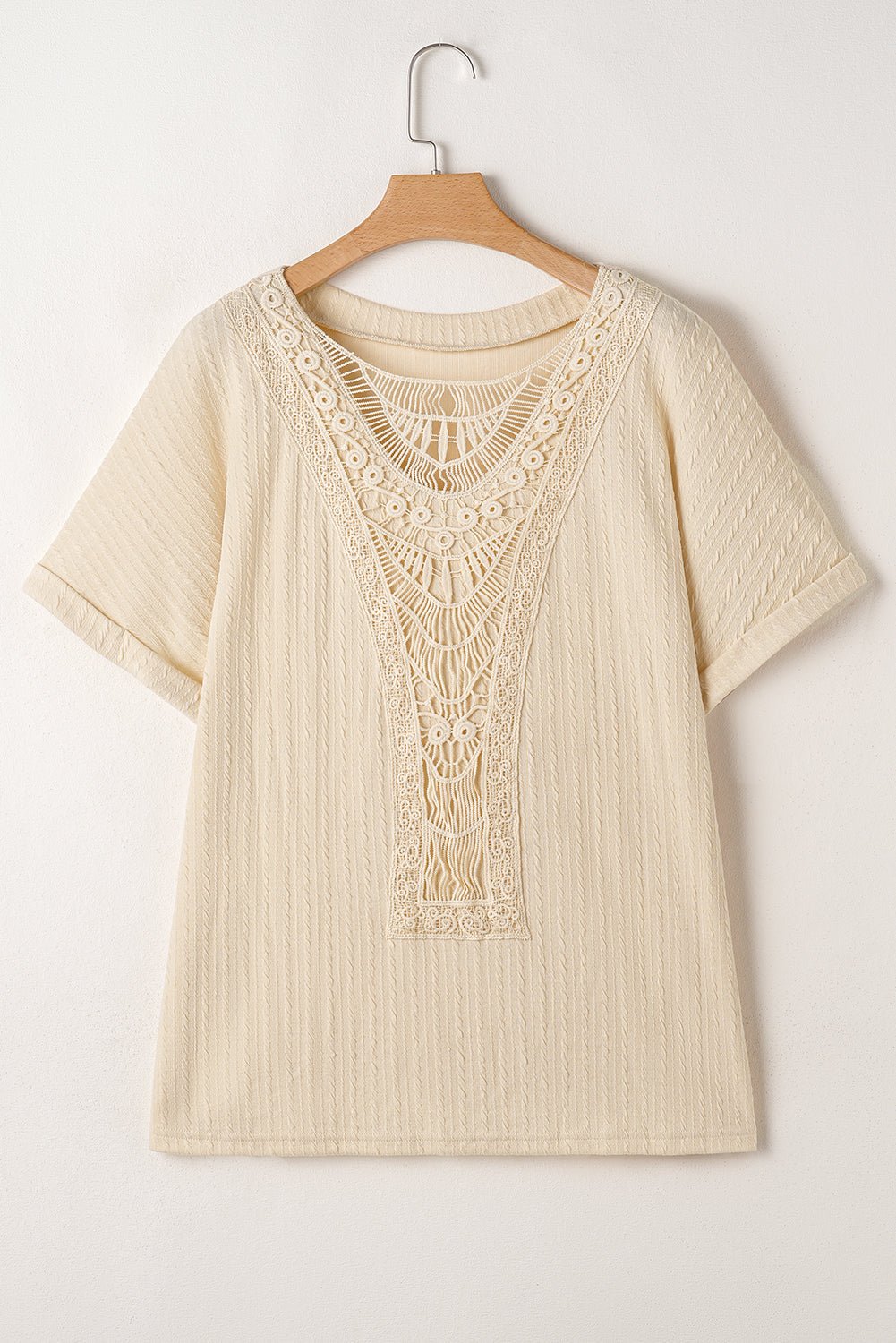 Beige Lace Crochet Patched Cable Textured Cuffed Short Sleeve Plus Size Top - Chaelisa's New Jammies