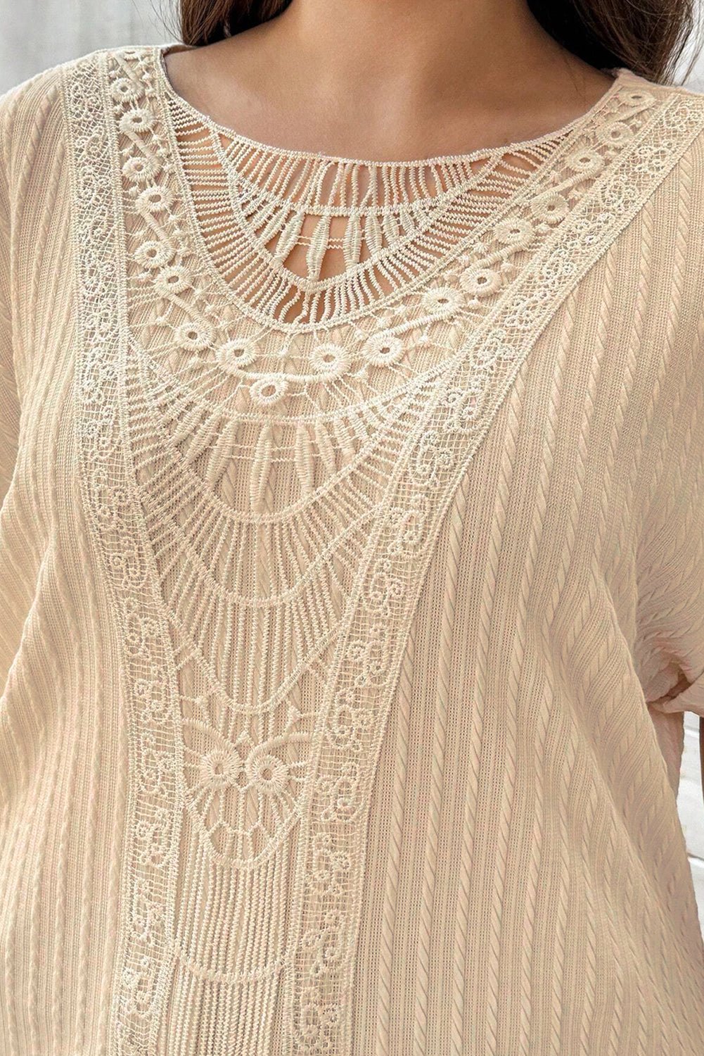Beige Lace Crochet Patched Cable Textured Cuffed Short Sleeve Plus Size Top - Chaelisa's New Jammies