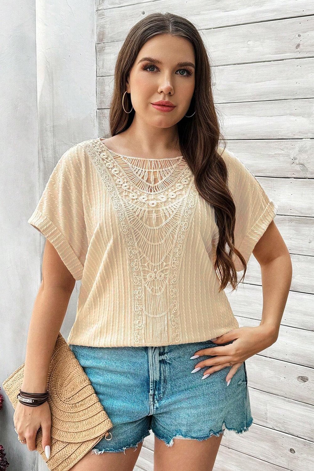Beige Lace Crochet Patched Cable Textured Cuffed Short Sleeve Plus Size Top - Chaelisa's New Jammies