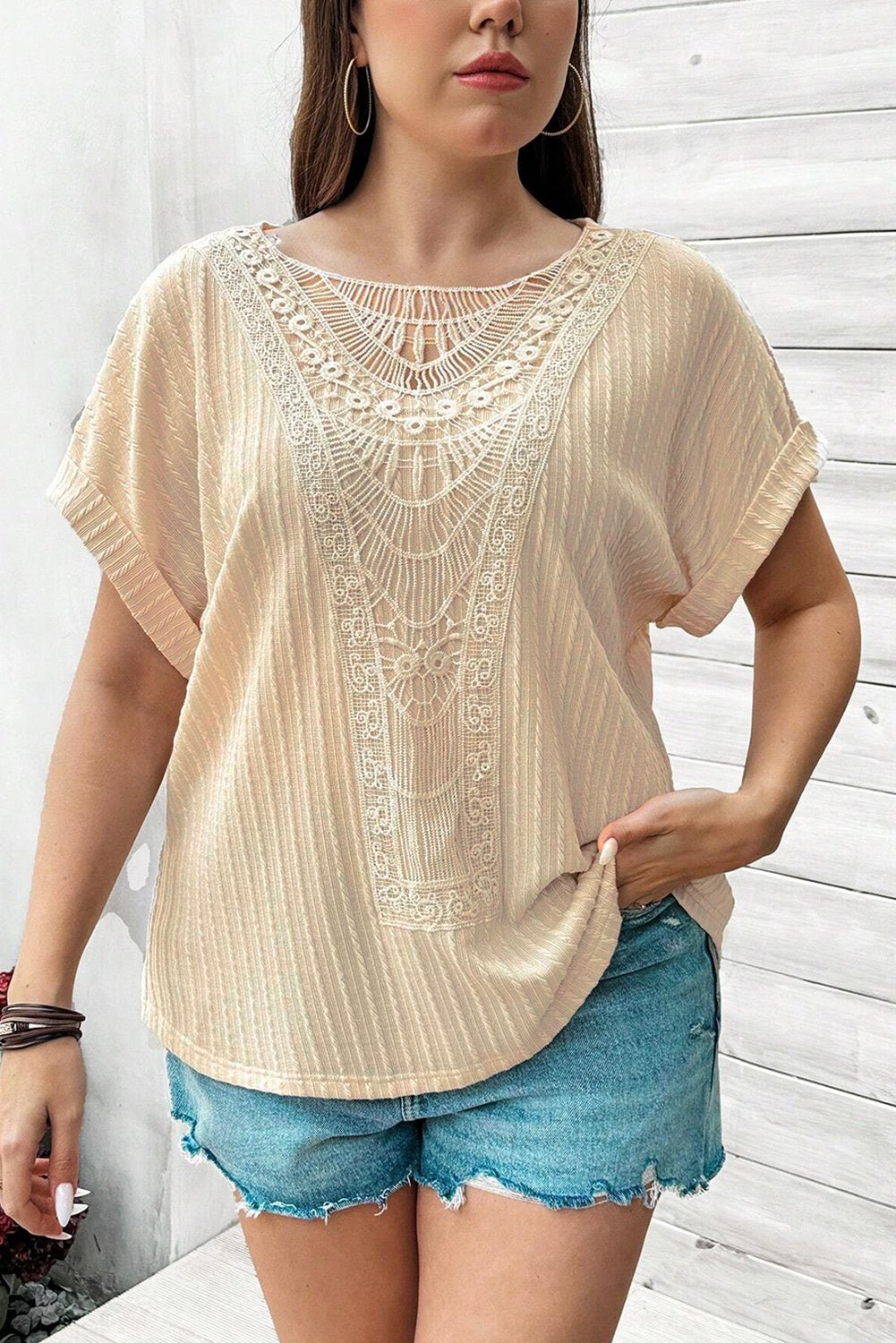Beige Lace Crochet Patched Cable Textured Cuffed Short Sleeve Plus Size Top - Chaelisa's New Jammies