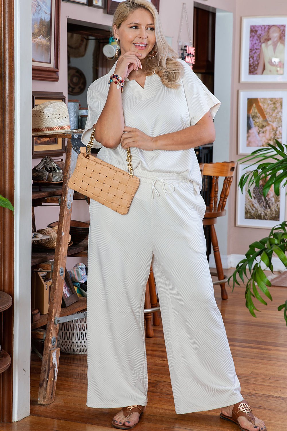 Beige Plus Size Textured Collared Top and Pants Set - Chaelisa's New Jammies