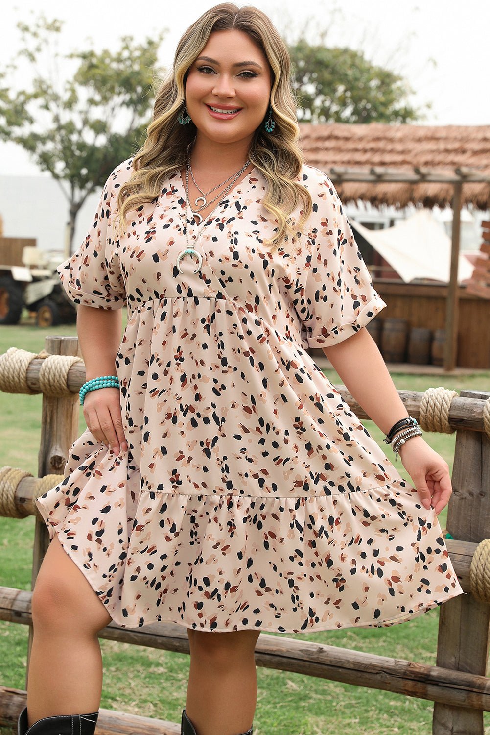 Beige Printed Surplice V Neck Cuffed Sleeve Empire Waist Plus Size Dress - Chaelisa's New Jammies