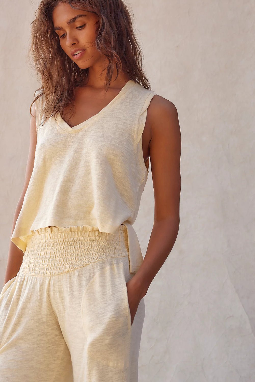 Beige Solid Color Tank Top and Smocked Waist Pants Set - Chaelisa's New Jammies