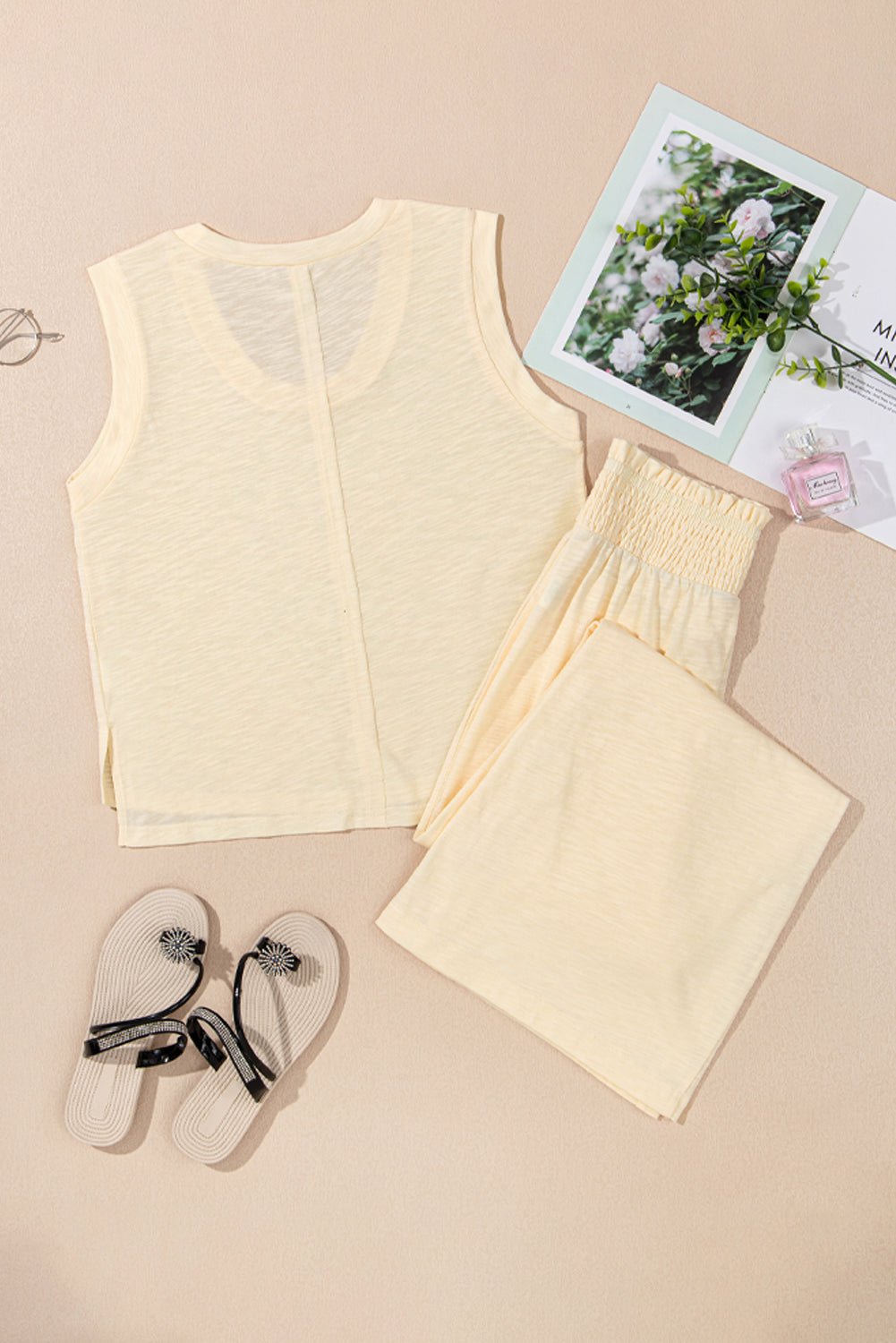 Beige Solid Color Tank Top and Smocked Waist Pants Set - Chaelisa's New Jammies