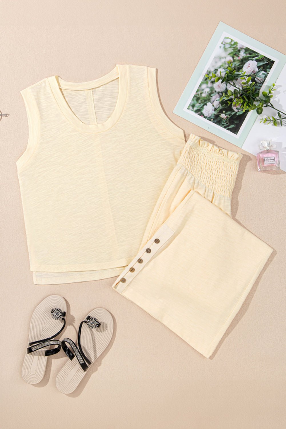 Beige Solid Color Tank Top and Smocked Waist Pants Set - Chaelisa's New Jammies