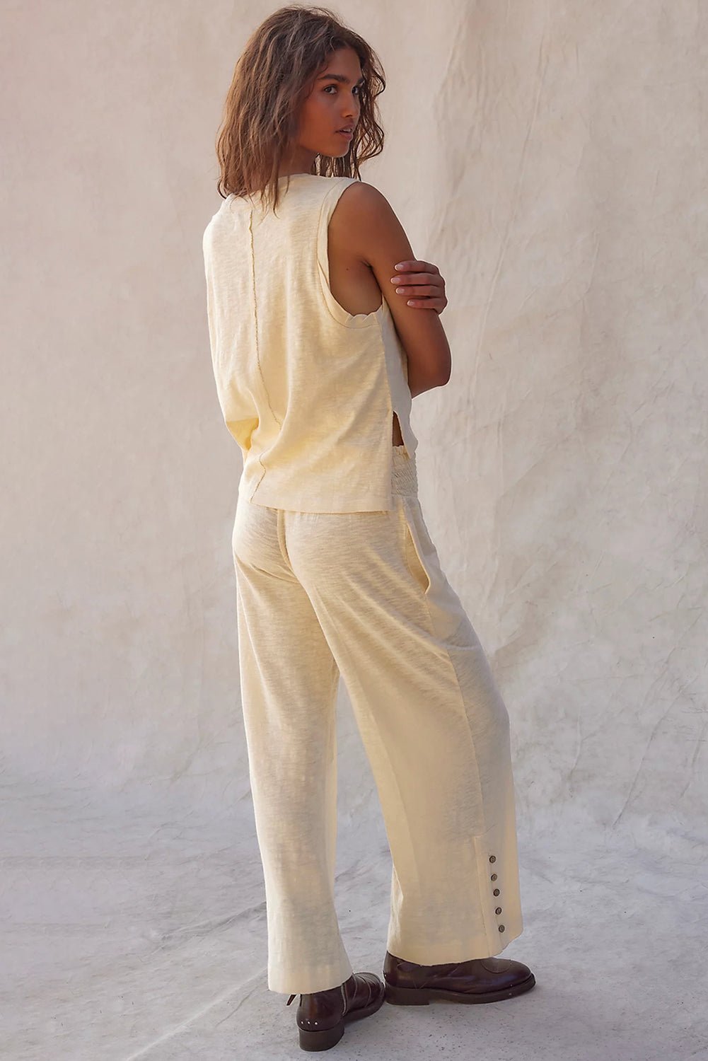 Beige Solid Color Tank Top and Smocked Waist Pants Set - Chaelisa's New Jammies