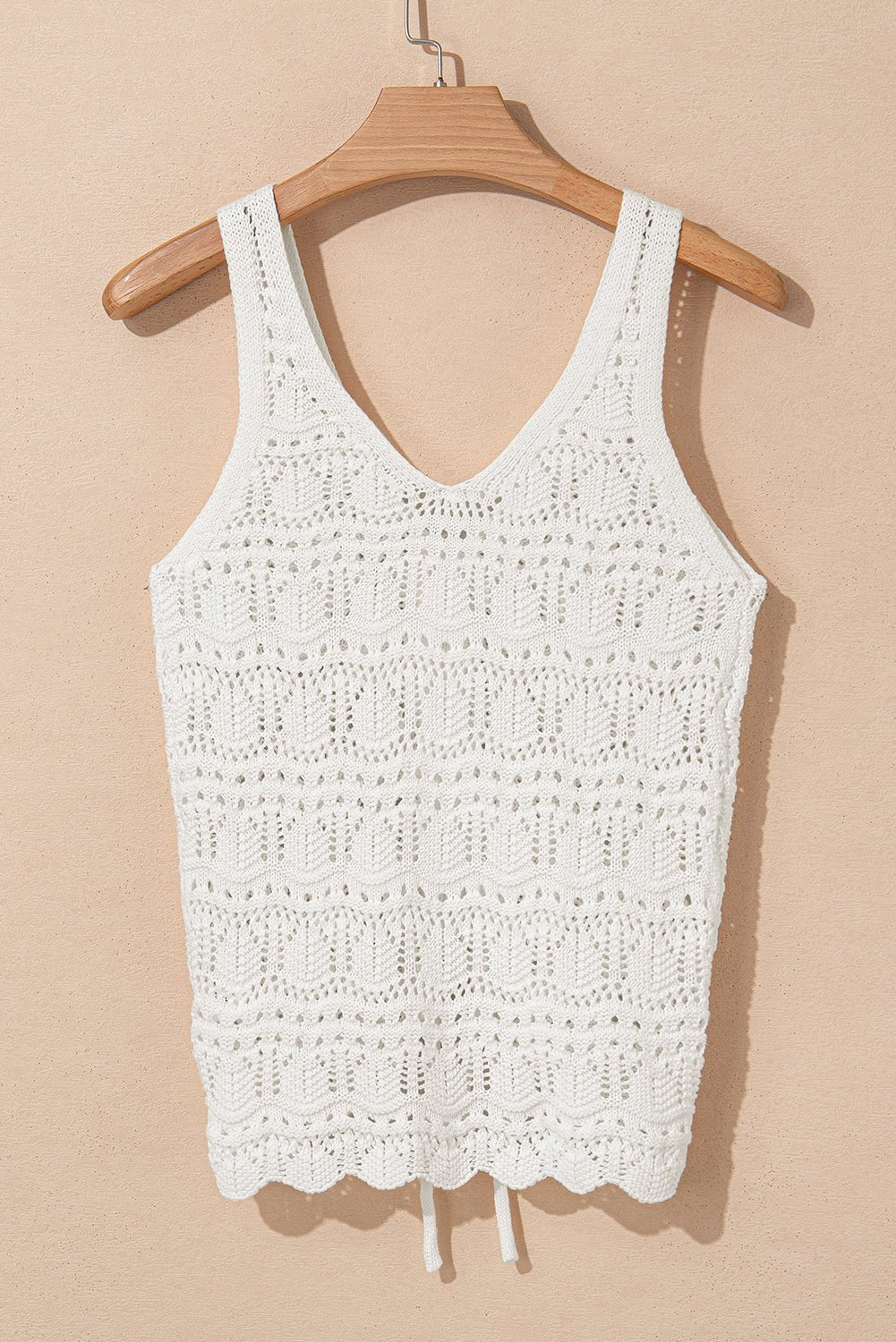 Beige Trendy Hollowed Knit V Neck Drawstring Sweater Vest - Chaelisa's New Jammies
