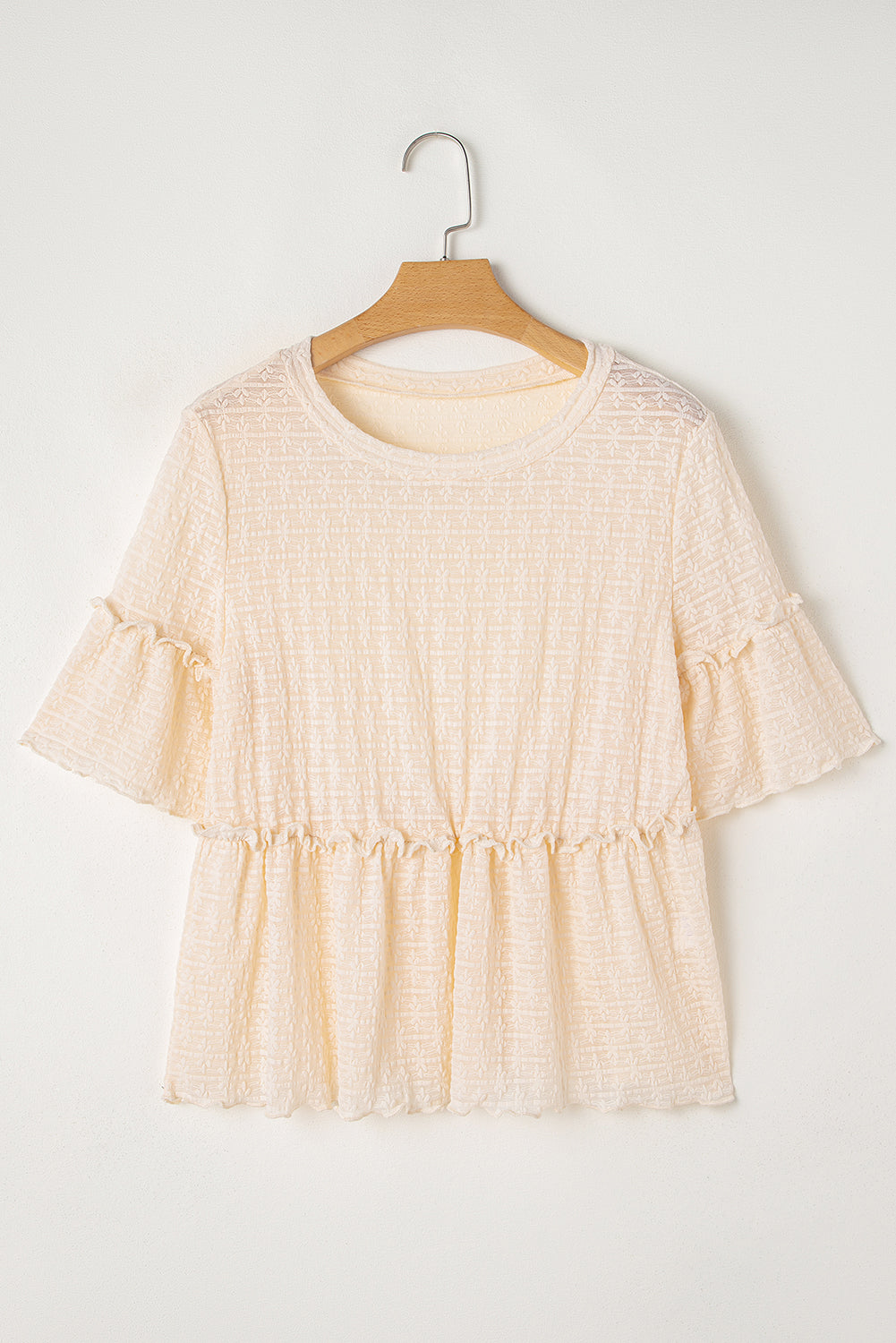 Beige Solid Color Textured Ruffled Short Sleeve Blouse-Chaelisa's New Jammies
