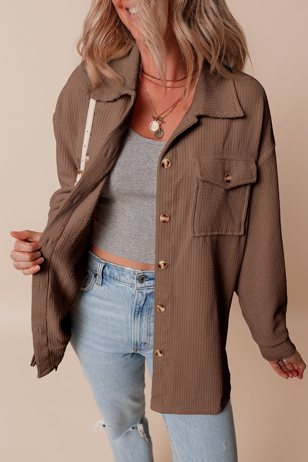 Chestnut Corduroy Flap Pocket Button Up Shacket-Chaelisa's New Jammies
