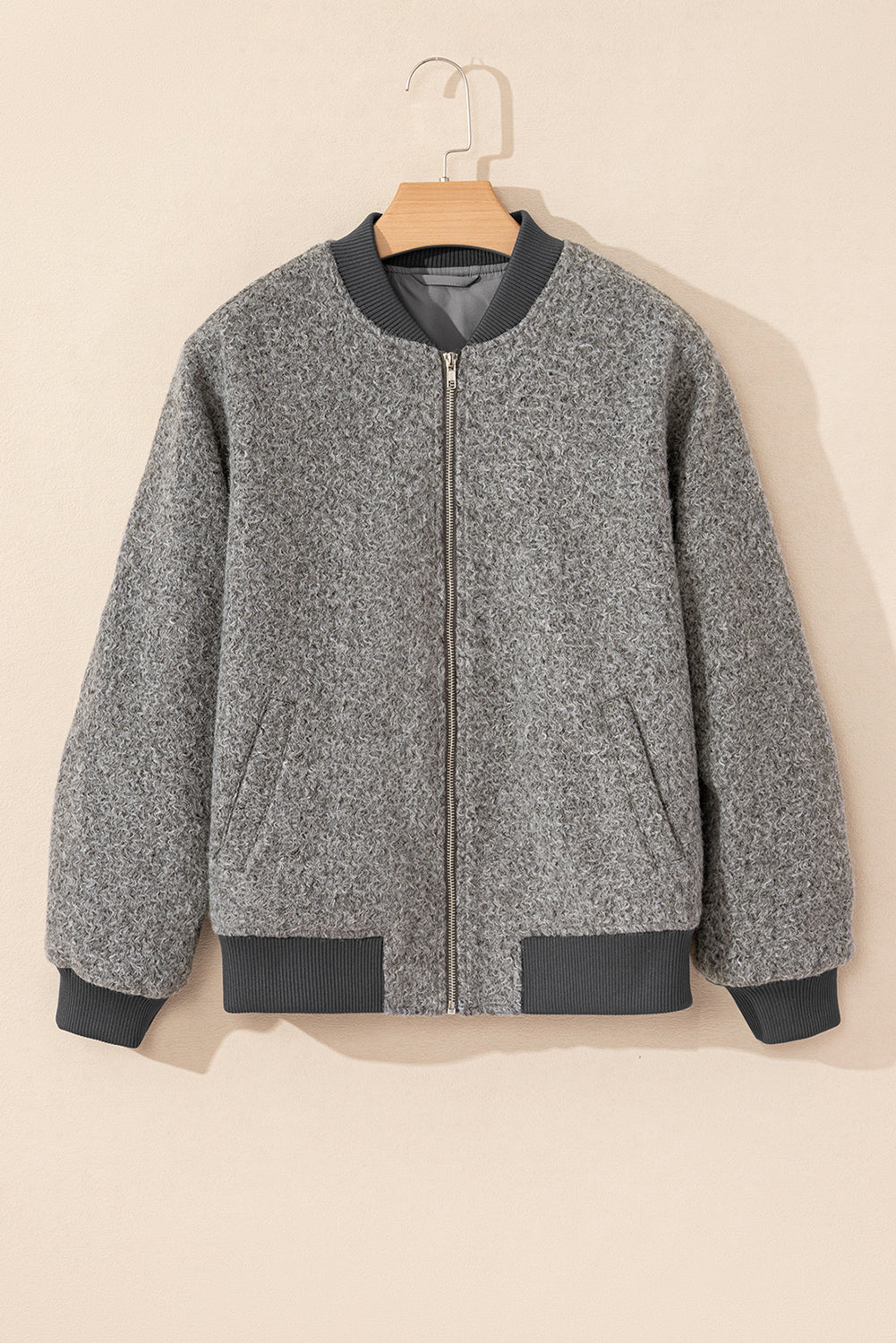 Medium Grey Fuzzy Zip Up Pocketed Sleeve Jacket-Chaelisa's New Jammies