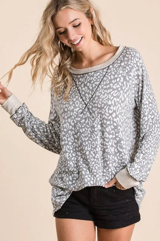 BiBi Leopard Round Neck Long Sleeve T-Shirt - Chaelisa's New Jammies
