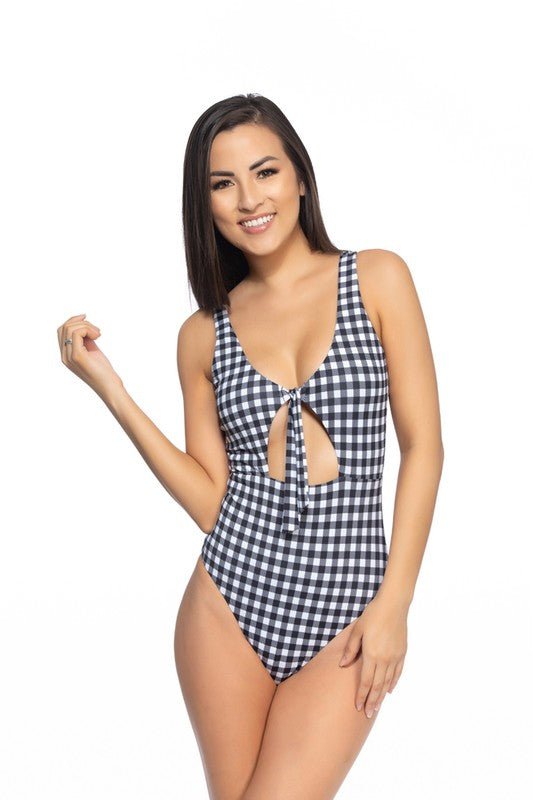 BLACK AND WHITE GINGHAM CUTOUT TIE ONE PIECE SWIM - Chaelisa's New Jammies