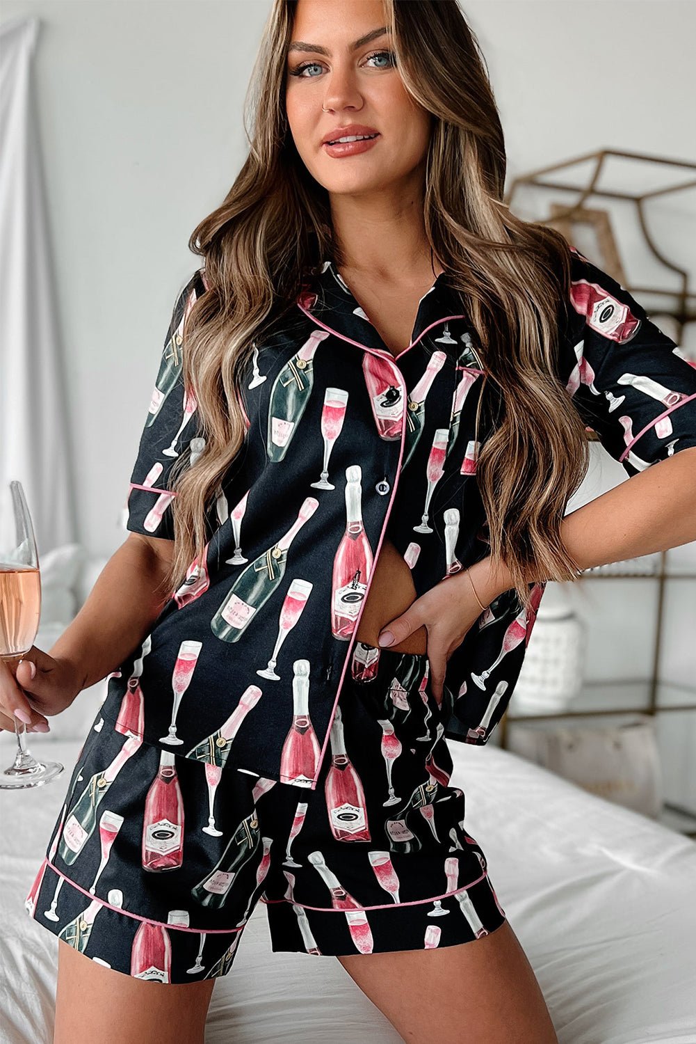 Black Champagne Print Silky Short Sleeve Pajamas Set - Chaelisa's New Jammies