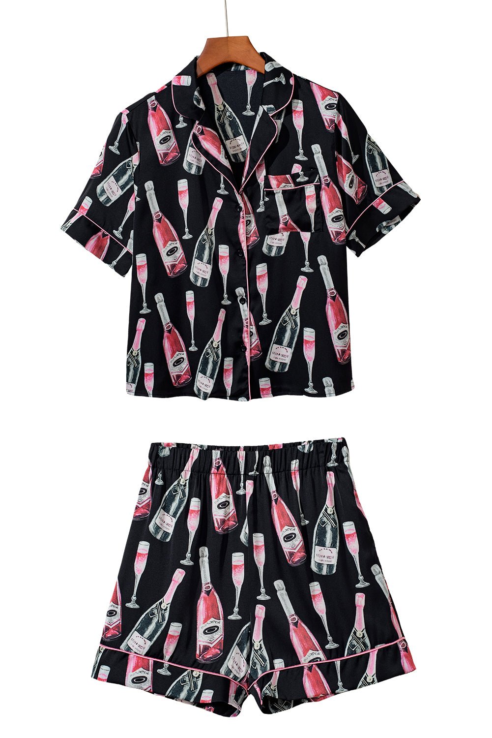 Black Champagne Print Silky Short Sleeve Pajamas Set - Chaelisa's New Jammies