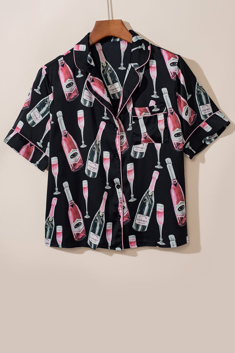 Black Champagne Print Silky Short Sleeve Pajamas Set - Chaelisa's New Jammies