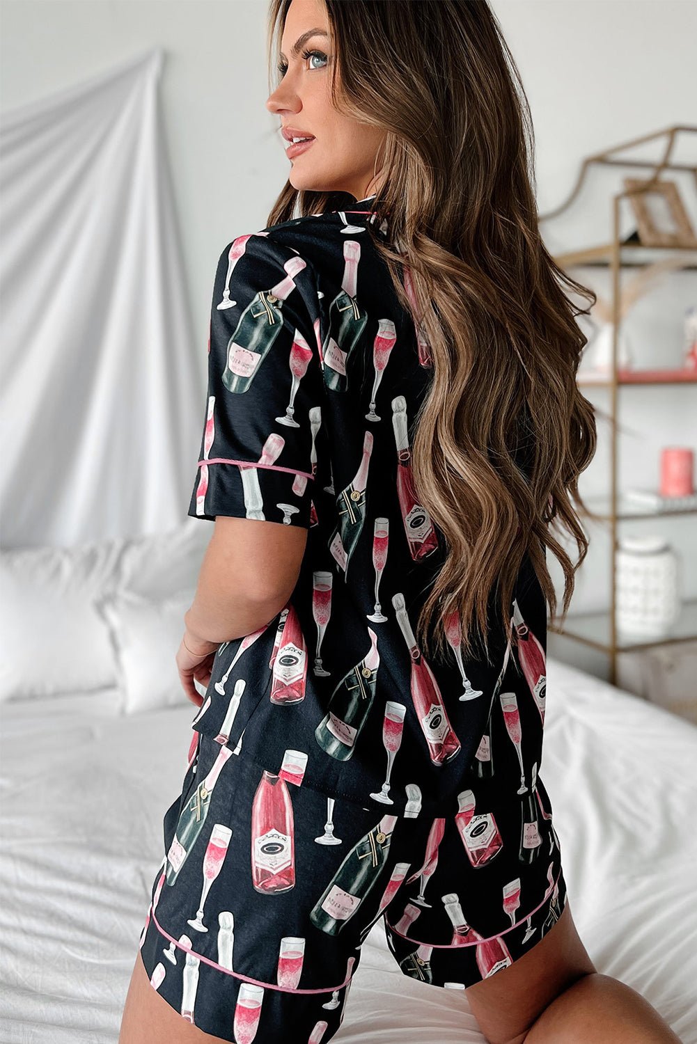 Black Champagne Print Silky Short Sleeve Pajamas Set - Chaelisa's New Jammies