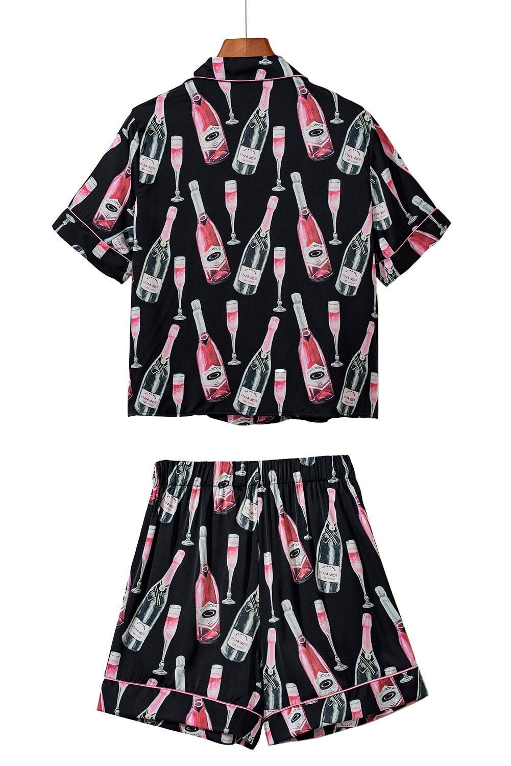 Black Champagne Print Silky Short Sleeve Pajamas Set - Chaelisa's New Jammies