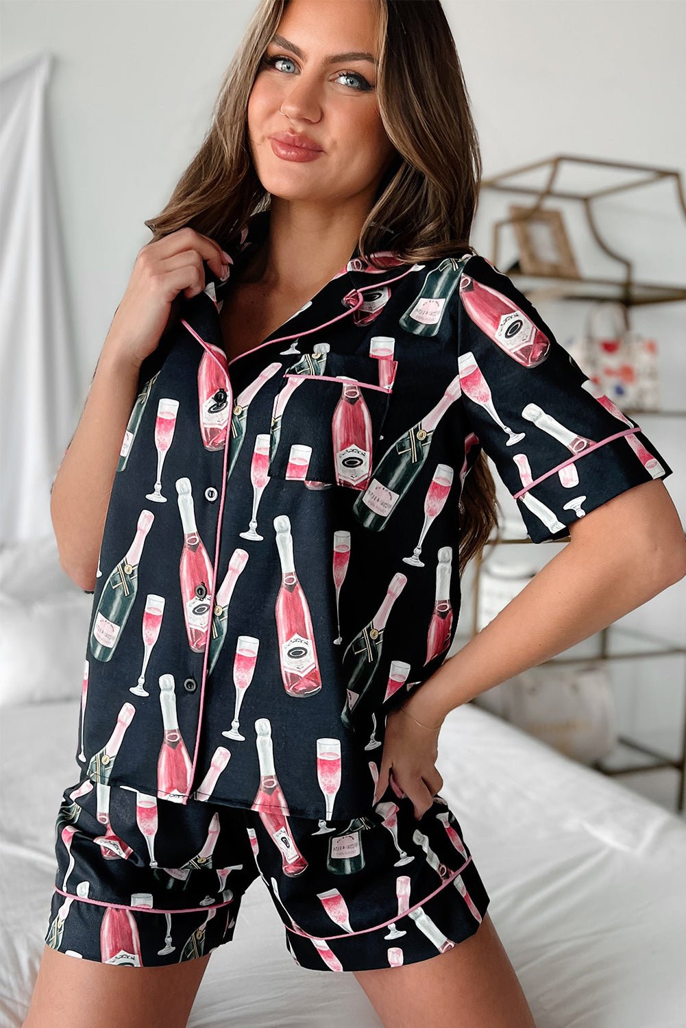 Black Champagne Print Silky Short Sleeve Pajamas Set - Chaelisa's New Jammies