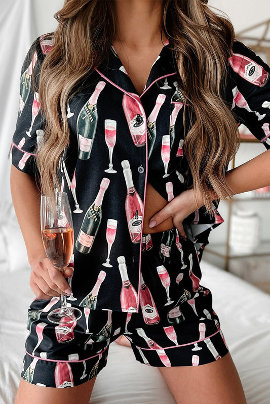 Black Champagne Print Silky Short Sleeve Pajamas Set - Chaelisa's New Jammies