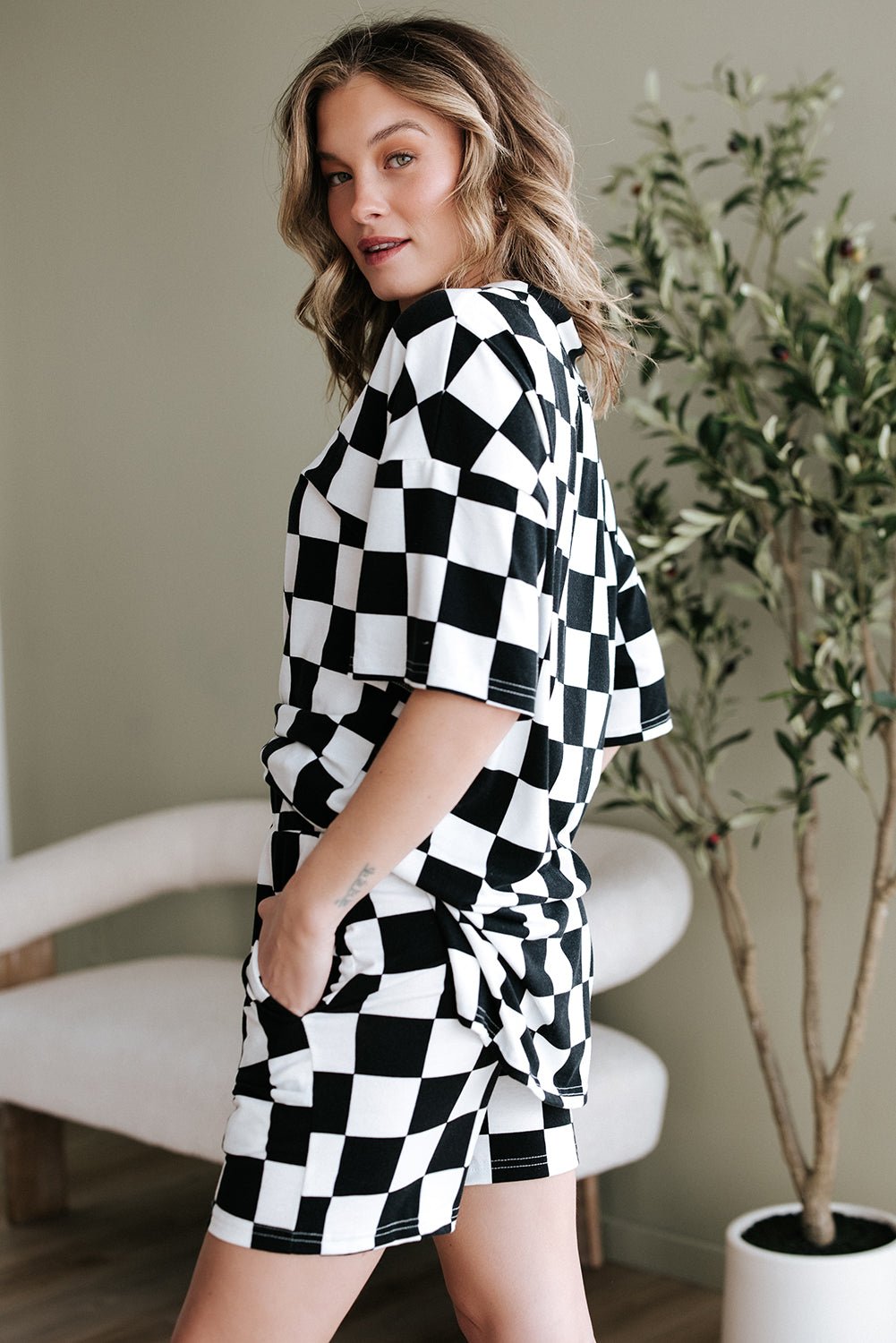 Black Checkerboard Print V Neck Loose Tee and Shorts Lounge Set - Chaelisa's New Jammies
