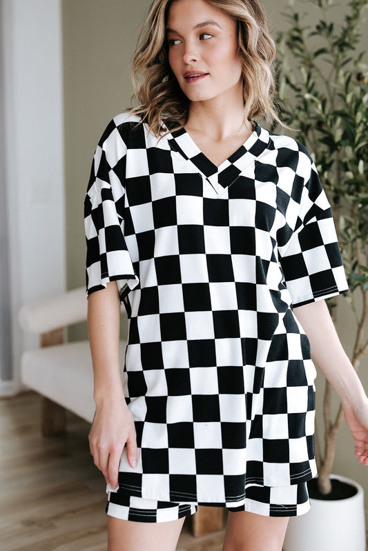 Black Checkerboard Print V Neck Loose Tee and Shorts Lounge Set - Chaelisa's New Jammies