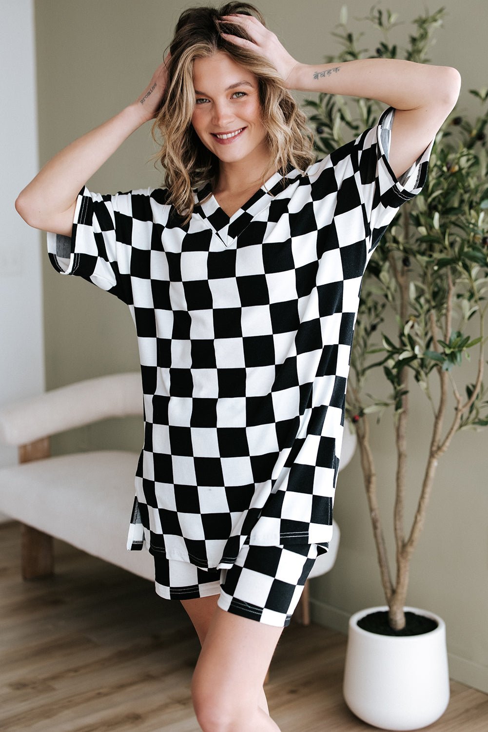 Black Checkerboard Print V Neck Loose Tee and Shorts Lounge Set - Chaelisa's New Jammies