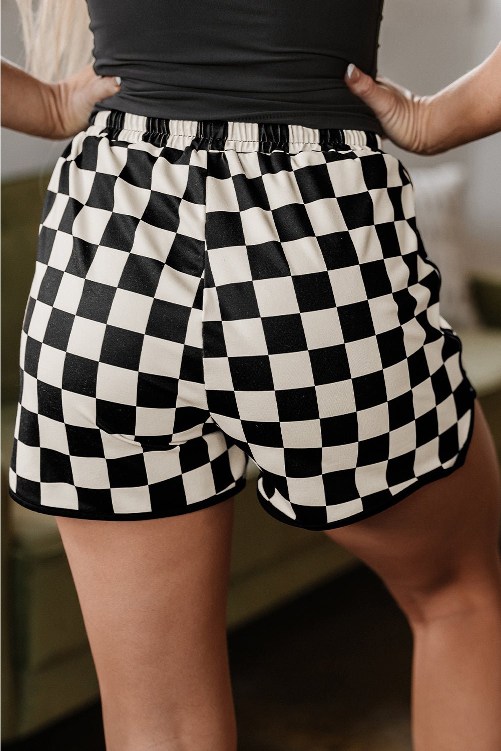 Black Checkered Drawstring Elastic Waist Casual Shorts - Chaelisa's New Jammies