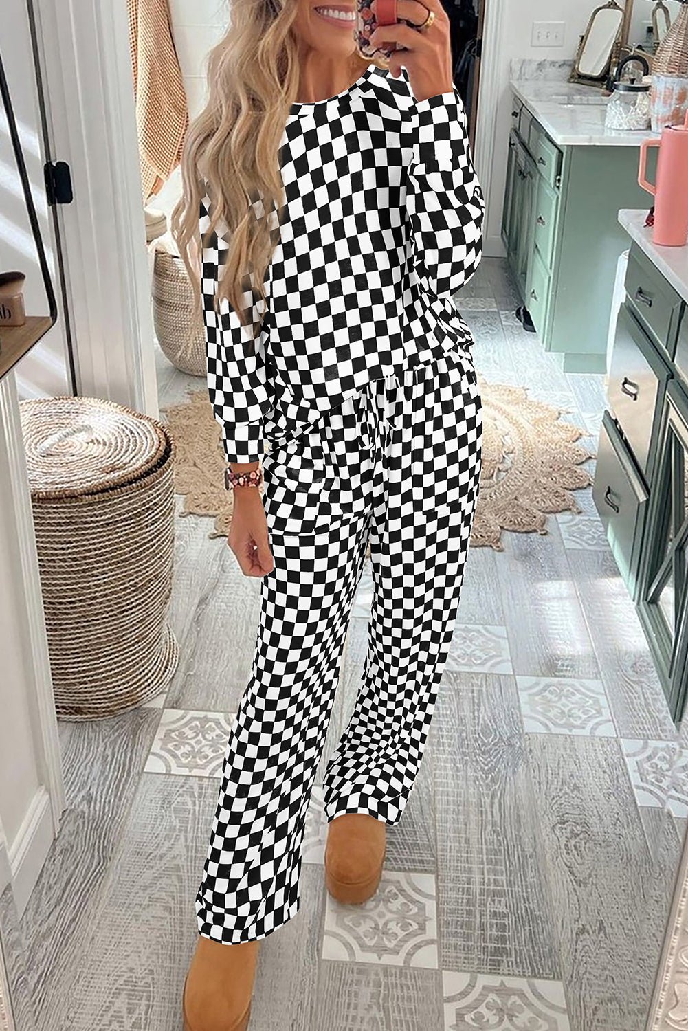 Black Checkered Print Long Sleeve Top and Pants Lounge Set - Chaelisa's New Jammies