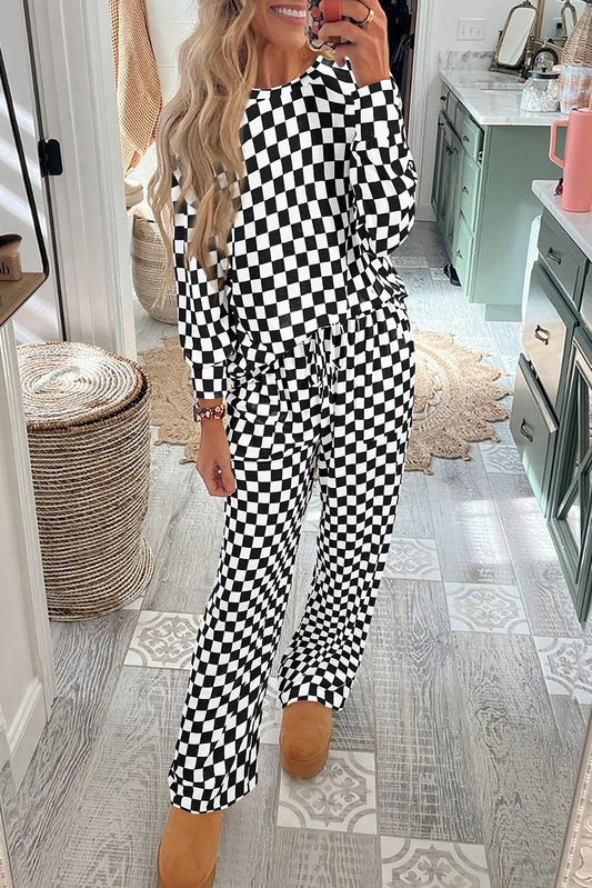Black Checkered Print Long Sleeve Top and Pants Lounge Set - Chaelisa's New Jammies