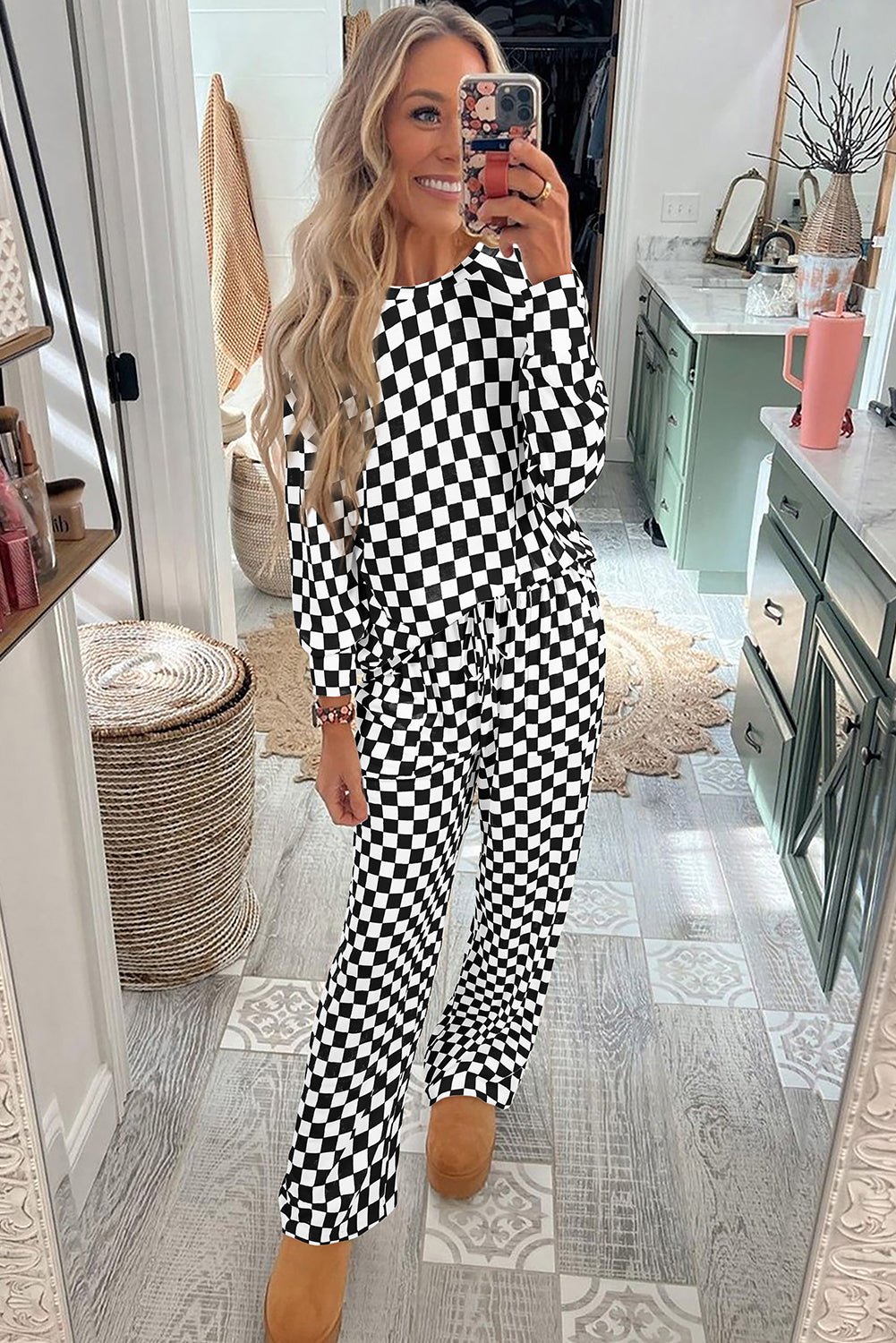 Black Checkered Print Long Sleeve Top and Pants Lounge Set - Chaelisa's New Jammies