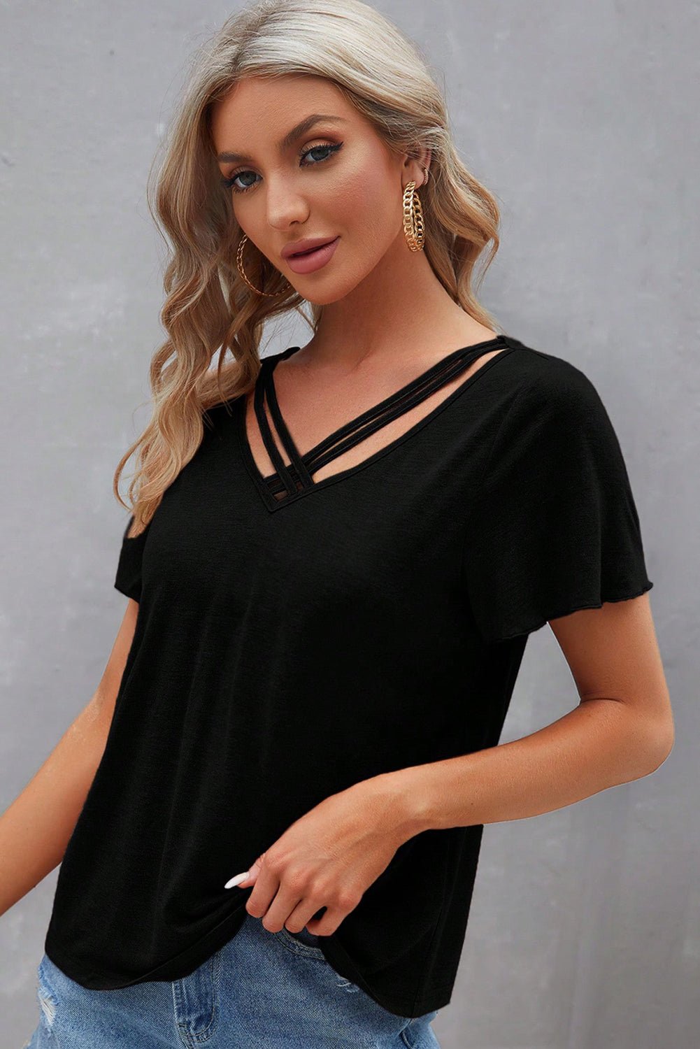 Black Crisscross V Neck Butterfly Sleeve T Shirt - Chaelisa's New Jammies