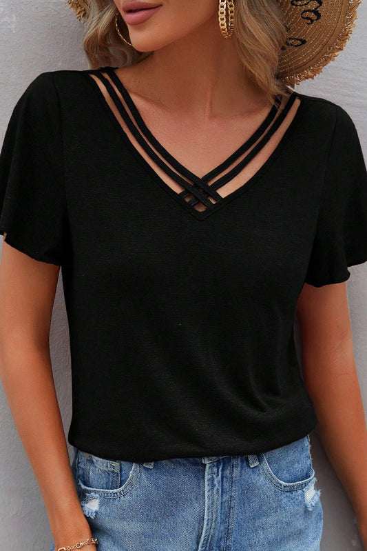 Black Crisscross V Neck Butterfly Sleeve T Shirt - Chaelisa's New Jammies
