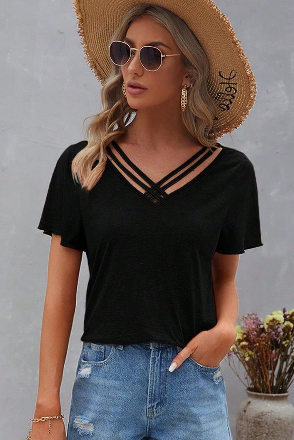 Black Crisscross V Neck Butterfly Sleeve T Shirt - Chaelisa's New Jammies