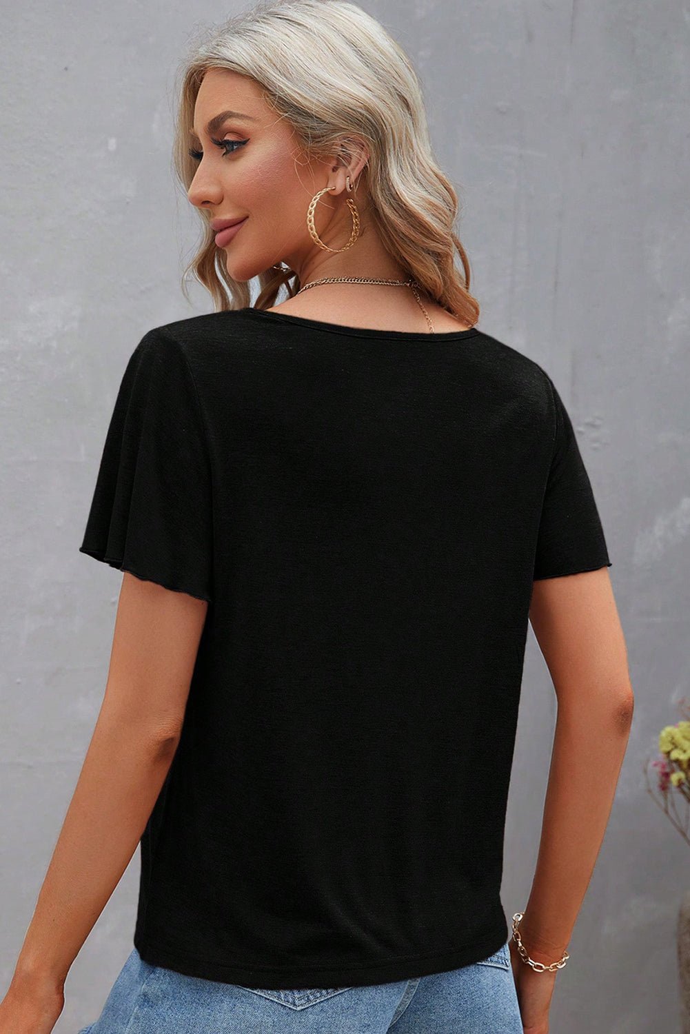 Black Crisscross V Neck Butterfly Sleeve T Shirt - Chaelisa's New Jammies