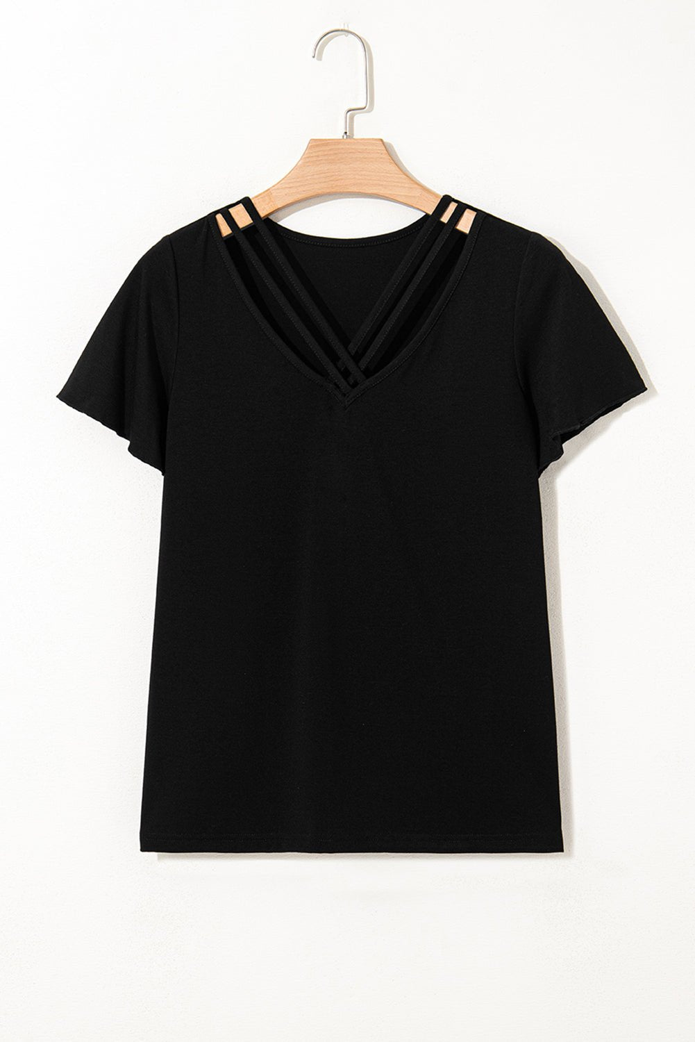 Black Crisscross V Neck Butterfly Sleeve T Shirt - Chaelisa's New Jammies