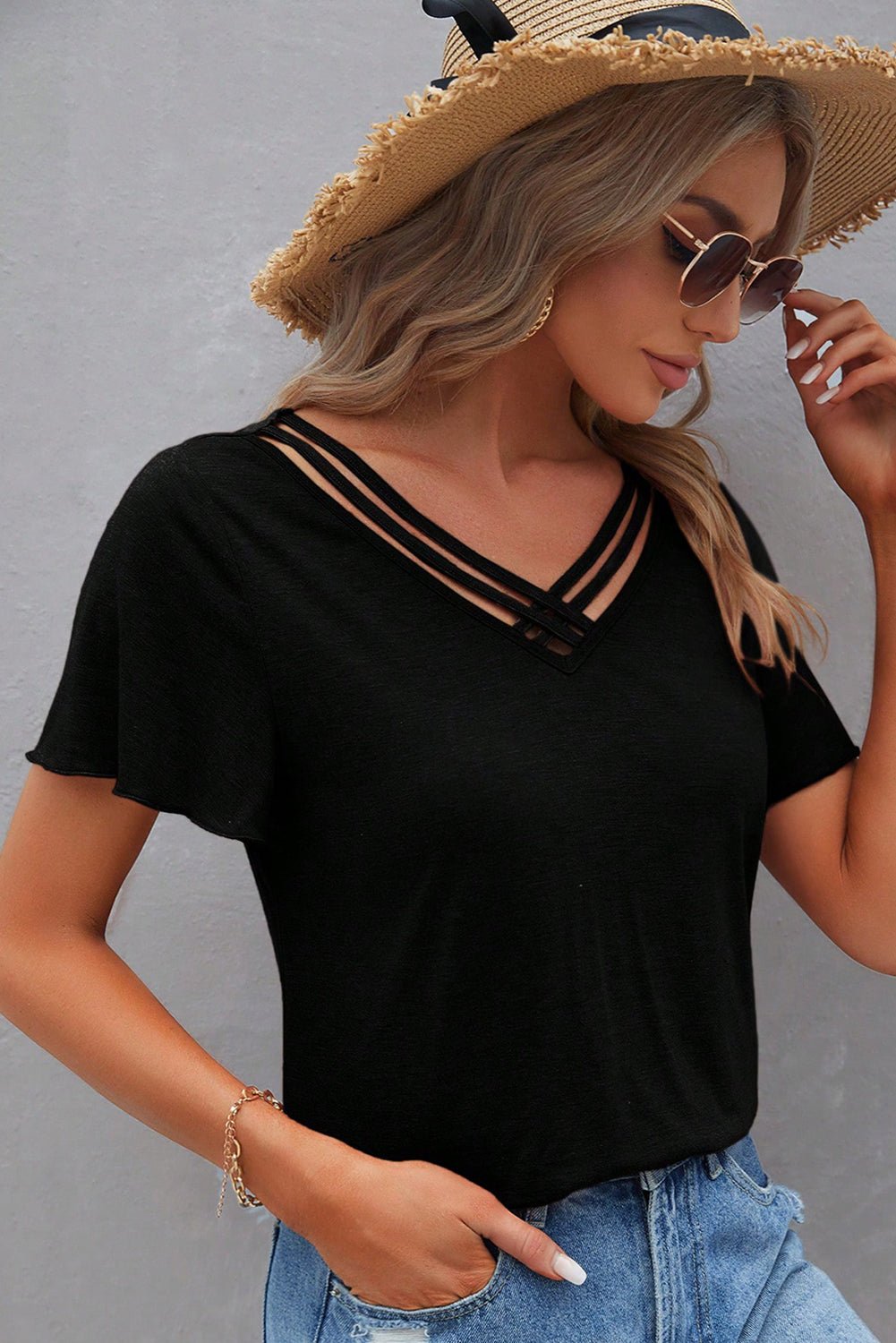 Black Crisscross V Neck Butterfly Sleeve T Shirt - Chaelisa's New Jammies