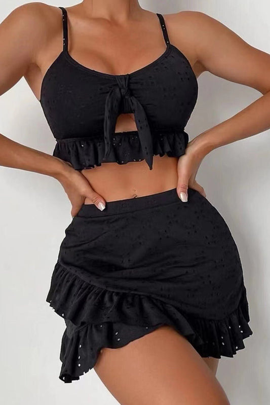 Black Eyelet Pattern Knotted Ruffle Trim 3pcs Bikini Set - Chaelisa's New Jammies