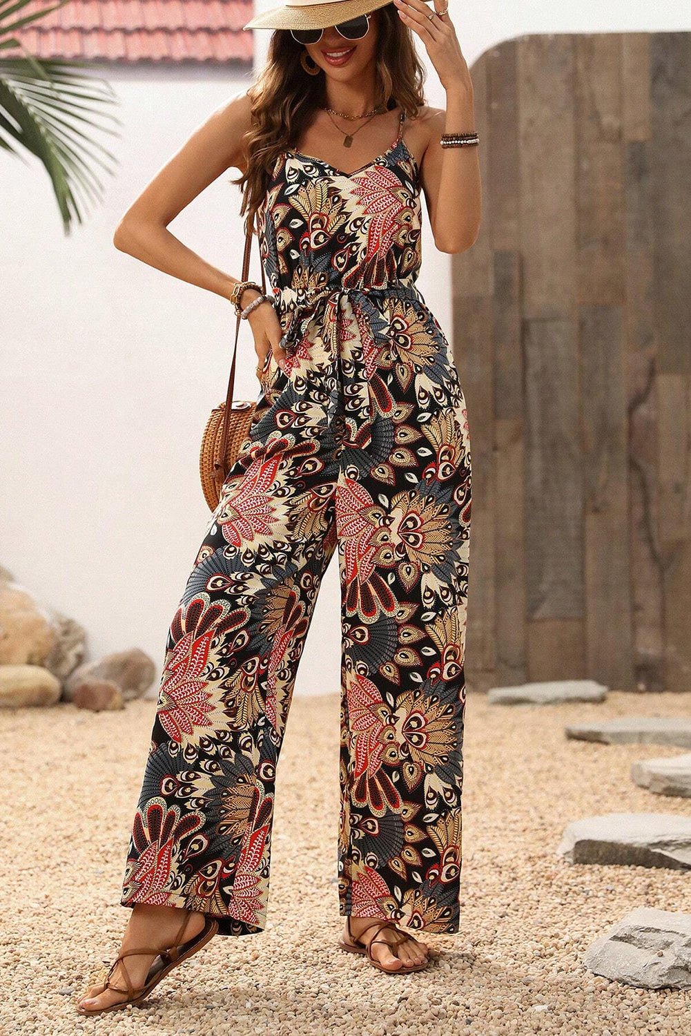 Black Floral Print Belted Sleeveless Wide Leg Jumpsuit - Chaelisa's New Jammies